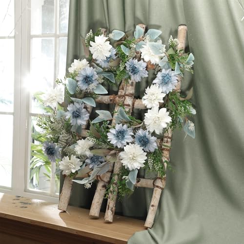Giegxin 1 Pack 6 ft Artificial Flower Garland with Dahlias and Eucalyptus Blue White Flower Fake Wisteria Vines Summer Greenery Garland for Wedding Mantle Porch Stair Table Indoor Decor - style: Dahlias