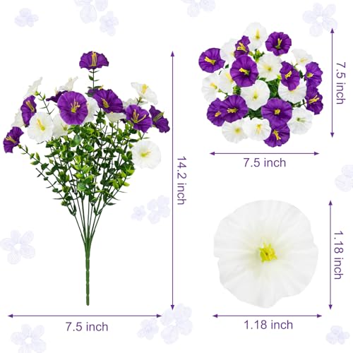 Artificial Flowers for Outdoors, 16 Bundles Mix Color Silk Faux Flowers Morning Glory UV Resistant Eucalyptus Plants Fake Petunias Plants for Porch Garden Planters Window Box Outside Indoor Decor - color: Purple White