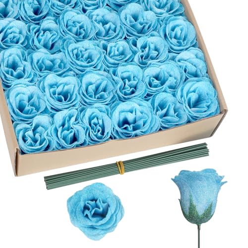 Light Blue Roses Artificial Flowers,30PCS Fake Glitter Roses with Stem for Wedding Bouquet Party Christmas Home Decor(Light Blue) - color: Light Blue