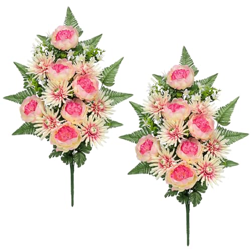 Briful Grave Flowers for Cemetery, 2PCS Sympathy Silk Spring Flowers Bouquet Artificial Mums Peony Funeral Outdoor Flowers Arrangement for Memorial Graveyard Headstones Vase Decor - color: Pale Pink
