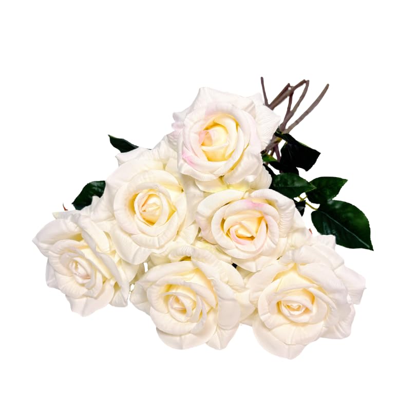 6 Stems Real Touch Artificial White Roses, 22.5in Long Stem Faux Silk Rose Bouquet with 4in Blooms and 3in Buds, White Fake Roses for Wedding Bouquets, Centerpieces, Vase and Home Decor - color: White