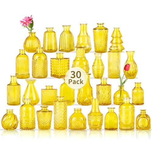 Mini Glass Bud Vases for Wedding & Bridal Shower Centerpieces,Versatile Glass Vases for Home Decor,Party & Anniversary Decorations,Candle Holders,Hydroponics, Aromatherapy Bottles(Pack of 30,Yellow) - color: Golden Yellow, size: 30 pcs