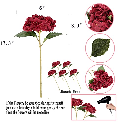 6 Pack Burgundy Red Faux Hydrangea Flowers, Silk Artificial Fake Hydrangea Stems for Wedding Centerpieces, Home Table Decor & Baby Shower Arrangement - color: Burgundy Red