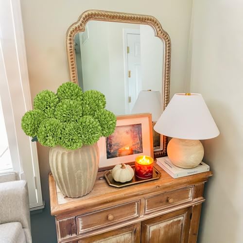 Briful 12 Pcs Artificial Green Chrysanthemum Stems – 11” Tall Silk Mums Flower Heads with Green Leaves, Flexible Stems for Fall Floral Pick Arrangements, Home, Wedding & Seasonal Decorations - color: 3.5'' Dia. 12pcs Green