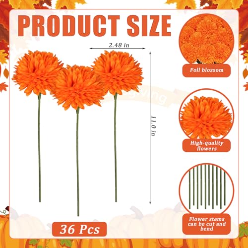 36 Pcs Artificial Chrysanthemums Flowers,Marigold Flower Fall Fake Flowers Orange Silk Mums Bouquet Decor Faux Ball Flowers for Autumn Day of Home Decor Indoor Wedding Table Centerpiece (Orange) - color: Orange