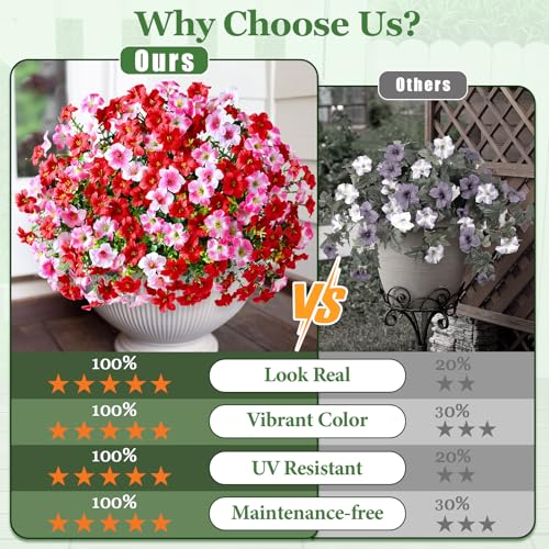Artificial Flowers for Outdoors, 24 Bundles Mixed Color Artificial Petunias Fake Flowers for Outside, UV Resistant Realistic Silk Flowers for Decorations, Outdoor Faux Flowers Plants for Garden Porch - color: Mixed Red, size: 24 Pack