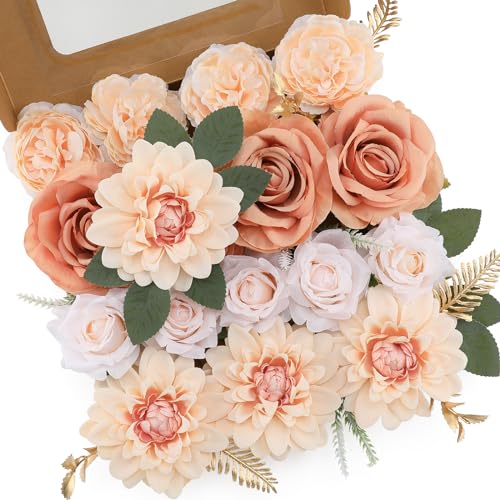 Floweroyal Artificial Flowers Fake Rose Flowers Dahlia with Stems for DIY Wedding Bridal Bouquets, Baby Shower, Floral Arrangement, Table Centerpieces, Home Decorations (Nude Color) - color: Nude Color