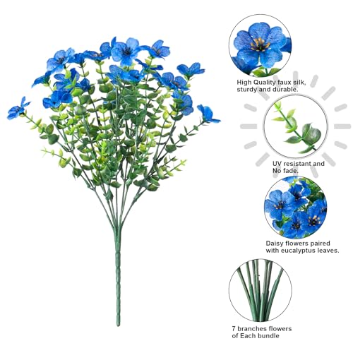 HyeFlora Artificial Flowers for Outdoor Indoor Garden Home Decoration, Faux Flower Daisy with Eucalyptus Leaves Fake Plants Greenery Boxwood Porch Patio, 12 Bundles (Blue) - color: Blue