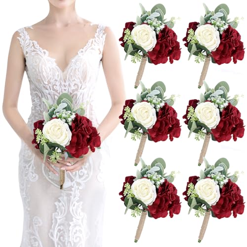 Artificial Flowers Bridesmaids Bouquets Set of 6 - Burgundy and White Bridesmaid Bouquet Handmade Small Silk Rose Floral Bouquet for Wedding Bridal Shower Anniversary Marriage Proposal -7 Inch - color: Burgundy & White, size: 6pcs Bouquets