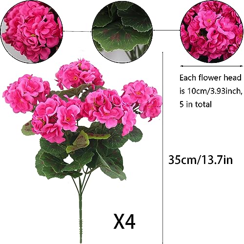 CISDUEO 4 Pcs Artificial Geraniums Silk Flowers Outdoor Artificial Geranium Bush Rose Red Faux Flowers Geraniums for Floral Home Decor Outdoor Indoor Garden Patio Grave Cemetary Vase Table Centerpiece - color: Rose Red