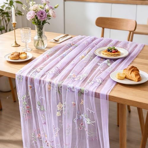 BINBE 6pcs Purple Florals Table Runner Embroidery Gauze 10FT Daisy Seasonal Tulle Birthday Wedding Holiday Kitchen Dining Table Decor for Home Party - color: Purple, size: 10ft x 6pack