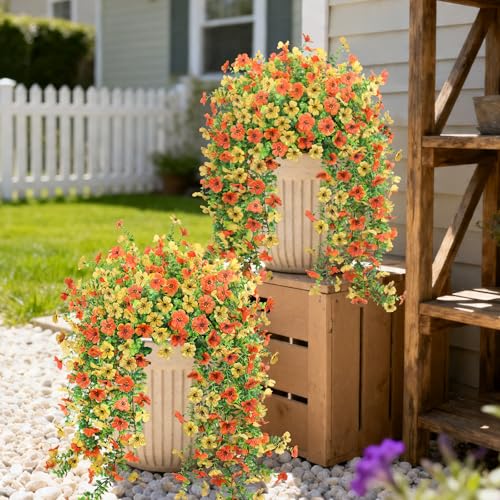 Fake Artificial Hanging Flowers for Outdoors, 2 Pcs Fake Hanging Plant Spring Summer Decor, UV Resistant No Fade Faux Silk Daisy Flower for Front Door Porch Planter Patio Yard Garden(Orange Yellow) - color: Orange, Yellow