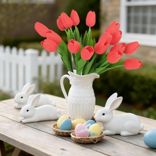 Artificial Tulips Flowers Fake Latex Tulip Stems - 34pcs Real Touch Faux Multicolor Tulips Flower for Easter Spring Wedding Bouquet Centerpiece Floral Arrangement Cemetery Table Decor - color: Red