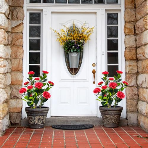 2Pack Artificial Camellia Tree, 2FT Faux Camellia Plant in Pot with Red Flowers for Spring Home Front Door Outdoor Indoor Decoration,Red - color: Red, size: 1ft 11in