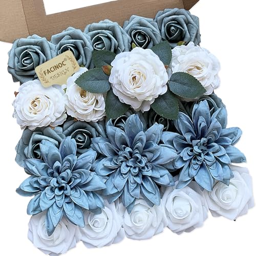 FACINOC Roses Artificial Flowers Blue Fake Flower Bulk for DIY Wedding Bouquets Bridal Baby Shower Centerpiece Table Decorations Silk Faux Floral Arrangements for Party Home Decor Indoor Dusty Blue - color: F (Blue, White Fake Flowers)