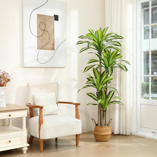 Ferrgoal Artificial Plants, 6 Ft Dracaena Tree Faux Plants Indoor Outdoor Decor Fake Tree with Woven Seagrass Basket Plants for Home Decor Office Living Room Porch Patio Housewarming | Tall Fake Plant With Realistic Leaves,Floor Plant for Home Décor Offic