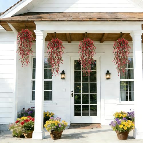 12 Pcs Red Hanging Flowers Artificial Hanging Plants Faux Eucalyptus Greenery Trailing Vines UV Resistant Plastic Plants for Indoor Outdoor Wall Garden Front Porch Home Decor - color: Red-12pcs