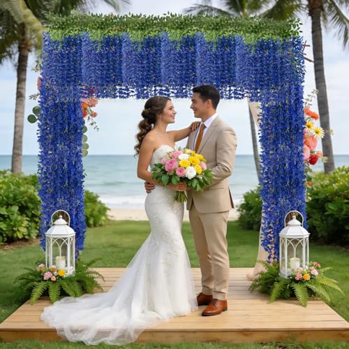 U'Artlines 24 Pack (Total 86.4 Feet) Artificial Fake Wisteria Vine Rattan Hanging Garland Silk Flowers String Home Party Wedding Decor (24, Navy Blue) - color: Navy Blue