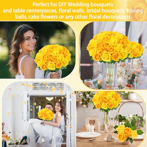 36 Pcs Velvet Texture Yellow, Lemon Yellow Artificial Flowers Bridal Bouquet, Fake Rose Long Stem Realistic Flowers Bulk for Valentine's Day Wedding Bouquet Ball Arrangement Centerpiece Party - color: Yellow, Lemon Yellow
