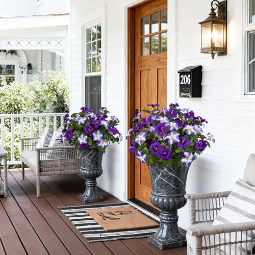 19 Inch Artificial Fake Flowers for Outdoor,4 Pcs Purple Faux Silk Petunias Spring Flowers for Outside for Indoor Porch Planter Front Door Garden Patio Window Box Home Decor - color: Double Purple
