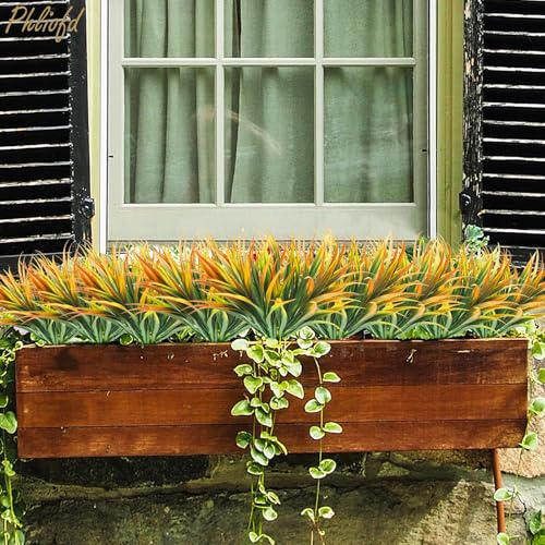 32 Pcs Artificial Grass Fake Plants 17.3in Outdoor Plastic Plants UV Resistant Greenery Fake Grass for Home Window Garden Office Patio Hanging Planter Pathway Front Porch Décor Orange Yellow - color: Yellow, size: 32 Pcs