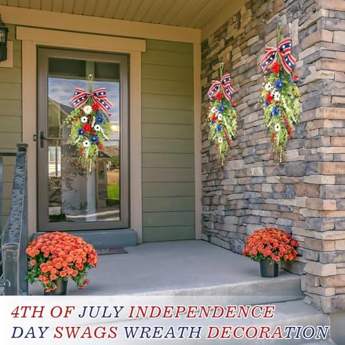 24inch Patriotic Red, White and Blue Floral Swag Wreath for Front Door Patriotic American Floral Teardrop Swags 4th of July Independence Day Rings Wreaths for Pillars Porch Wall Window Decor - color: Daisy Swag