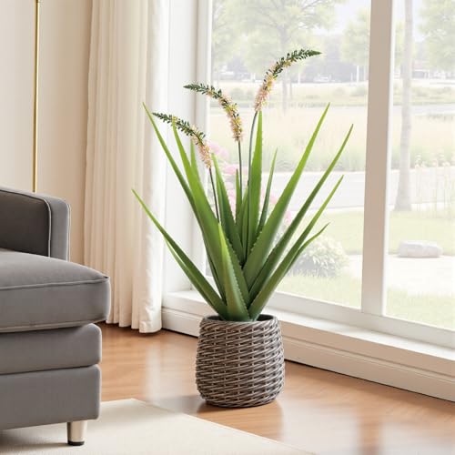 3.5ft Artificial Agave Plants, Fake Aloe Vera Plant with 16 Leaves in Brown Pot, Large Faux Floor Plant for Home Office Hotel Bedroom Patio Balcony or Garden Indoor Decor - size: 42"