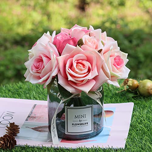 XIAYAN Artificial Flower and Glass vase, Silk Rose Flower Glass Bottle Set, Suitable for Living Room, Dining Table, Office, Wedding, Hotel Banquet and Other Home Decoration. (Pink)……… - color: Pink