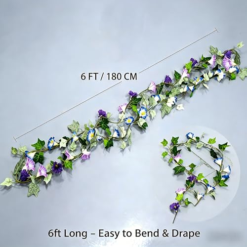 6ft Artificial Flower Garland, Blue & Purple Morning Glory Hanging Garland, Faux Ivy Floral Garland, 1 Blue + 1 Purple, 2 Pack for Home Wedding Party Wall Decor - size: 6FT-XYD-Mixed