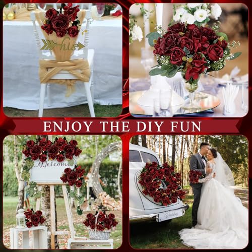 Peony Artificial Flowers, Faux Peonies Hydrangea Eucalyptus Bouquet 12 Packs Silk Vintage Realistic Peony Floral Arrangement for Vase Wedding Centerpiece Table Home Party Decor-Burgundy - color: Burgundy