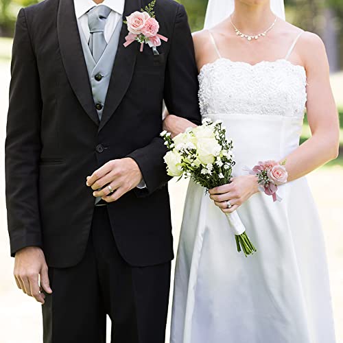 Wrist Corsage and Boutonniere Set for Bride Groom Bridesmaids Groomsmen Wedding Homecoming Flowers Prom Suit Accessories, Rose Boutonniere and Corsage Wristlet Flower - color: Pink