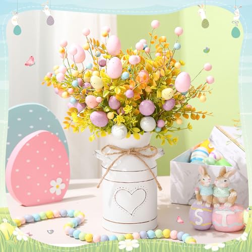 6 Pcs Easter Table Centerpieces Decoration Include 5 Easter Egg Artificial Floral Bunches Stem with Vintage Metal Vase Potted Egg Flower Picks Arrangement for Spring Party Office Home - color: Colorful