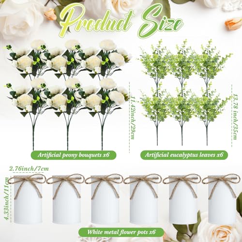 6 Sets Artificial Peonies Flowers, 6 Artificial Peony with Vase 6 Faux Eucalyptus, Faux Silk Peony Bouquet Spring Flowers for Decoration Wedding Party Home Dining (White) - color: White