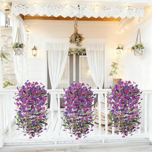 Hrobek 4 PCS Artificial Hanging Plants Flowers for Outdoor Srpring Summer Decoration, Fake Realistic Daisy Eucalyptus for Outdoors, Faux Plastic Greenery Long Vine Indoor Wall Patio Porch Decor - color: A-dark Purple Light Purple