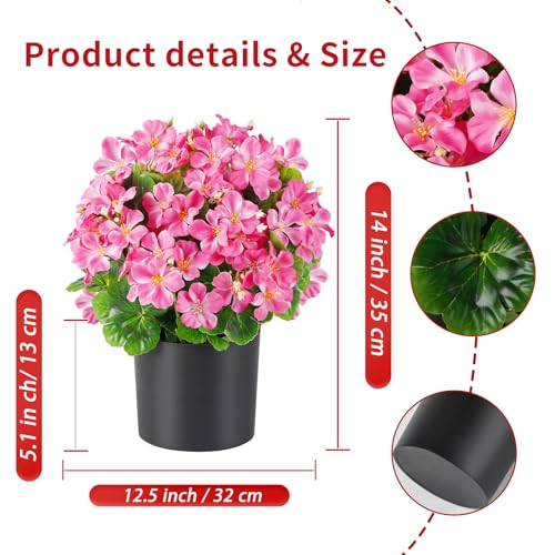 Artificial Geranium Flowers in Pot for Outdoors Fake Plants 14 Inch Faux Flowers Spring Summer Decoration for Home Front Door Garden Planter Patio Balcony Yard Indoor Outdoor (Pink) - color: Pink