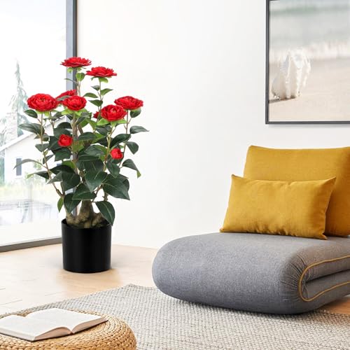 Romantic Season 2FT Red Artificial Camellia Tree 2Pack, Faux Camellia Plant Fake Potted Camellia Flower Tree for Modern Home Office Living Room Floor Décor - color: Red, size: 2FT