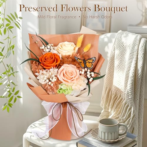 Preserved Flowers Bouquet with Butterfly - 3 Roses & Flowers for Delivery, Long-Lasting Real Roses Forever, Mothers Day Gifts for Mom Grandma Wife, Anniversary Birthday Gifts for Women - color: Orange