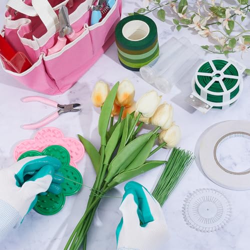 PH PandaHall Flower Arrangement Supplies Set Florist Garden Tools Rose Thorn Remover Pruner Trimmer Gloves 22/26 Gauge Paddle Wire Stem Wire Floral Tape Pearl Pin for DIY Floral Bouquet Craft Making