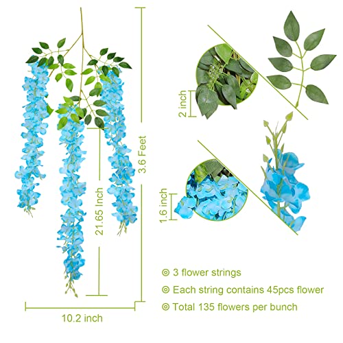 U'Artlines 24 Pack(Total 86.4 Feet) Artificial Fake Wisteria Vine Rattan Hanging Garland Silk Flowers String Home Party Wedding Decor (24, Blue) - color: Blue