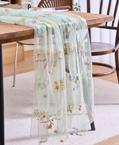 vctops 2 Packs Embroidery Lace Fall Table Runner 10ft Floral Garden Seasonal Tulle Table Runner Holiday Kitchen Dining Table Decoration for Wedding Party Baby Shower Birthday (Sage Green,30"x120") - color: Sage Green