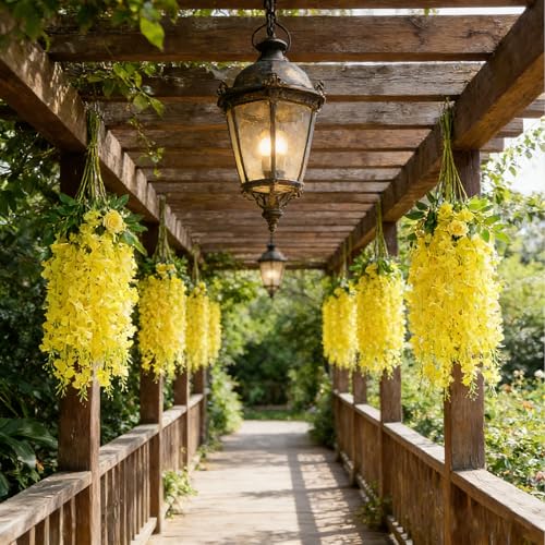 HUAHUA Artificial Wisteria Flowers, White Dense Artificial Fake Wisteria Vine Ratta Hanging Garland Silk Flowers String for Home Party Wedding Decor (24pcs-Yellow) - color: 24pcs-yellow