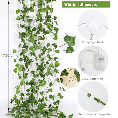 RECUTMS Vines with Lights Strings 59 Inches Wall Leaves Artificial Ivy Greenery Garland Fake Green Decorations Hanging Silk Leaf Plant All Year Round for Garden Office Wedding Table - color: Green Light2