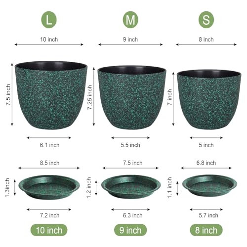 WSMKSZ Plant Pots 10/9/8 inch, Set of 3 Modern Decorative Plastic Planters with Drainage Holes and Saucers for Garden House Plants, Flower Pots for Indoor Outdoor Plants, Black with Green Speckles - color: Black With Green Speckles, size: 10"+9"+8"