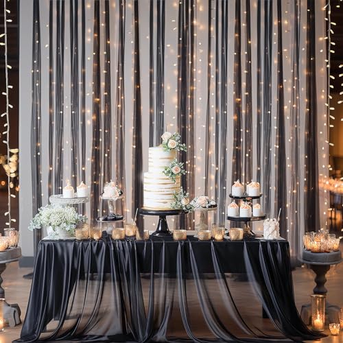 10ft x 10ft Black Backdrop Curtain with Lights String for Parties, Sheer Tulle Wedding Photo Backdrops Drapes for Baby Shower Birthday Party Decorations Background for Photography - color: Black, size: W5' x H10'(2 panels)