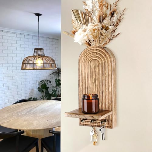3-in-1 Wooden Wall Organizer - Planter Vase + Candle Sconces + Hooks (No Dried Flower)- Farmhouse Hanging Decor Boho Wall Art for Indoor Plants Artificial Eucalyptus for Living Room Bedroom Nature - color: Nature