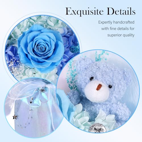 Preserved Flowers Bouquet with Bear, Real Forever Flowers for Delivery, Long-Lasting Blue Eteranl Roses Bouquet, Anniversary Birthday Gifts for Women Mom Her Girlfriend Wife - color: Blue
