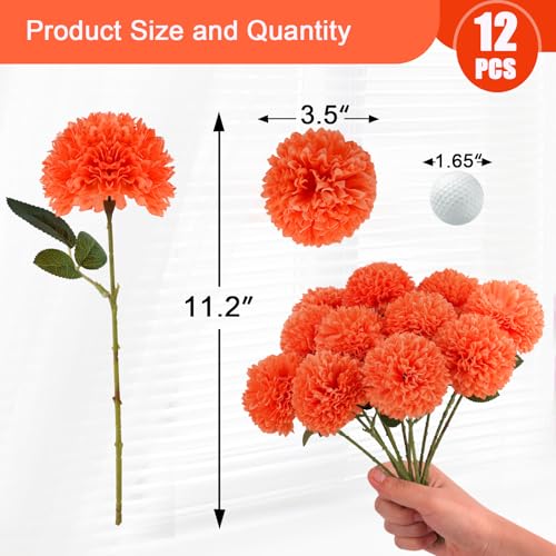 Hananona 12 Pcs Artificial Chrysanthemums Flowers Marigolds Ball Flower, Orange Fake Mums Silk Fall Flowers for Autumn Dia de Los Muertos Home Decor Day of The Dead Table Centerpiece (12, Orange) - color: Orange