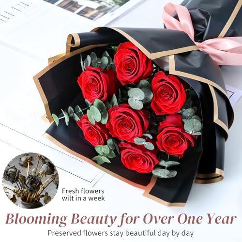 Lewondr Flower for Delivery, Preserved Flowers Bouquet, Red Roses Bouquet, Real Long-Lasting Forever Birthday Flowers Gifts for Her Wife Girlfriend Valentines Day Anniversary Mothers Day, Black-Red - color: Red