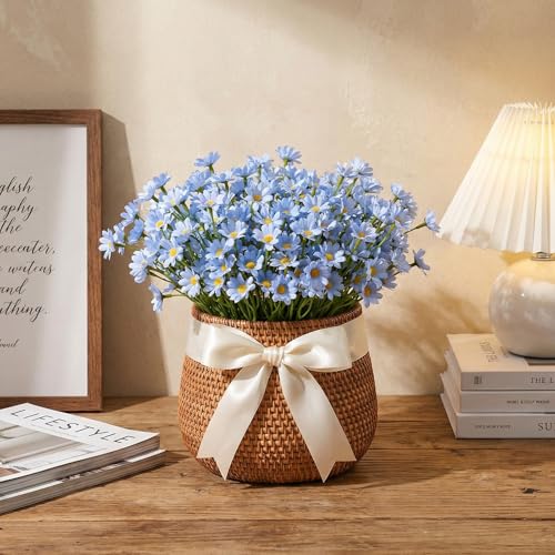 12 Stems Artificial Daisy Flowers 10'' Small Blue Silk Fake Daisies Faux Silk Daisy Flowers with Stems for Home Garden Wedding Party Table Centerpiece Decor(2 Bouquets)