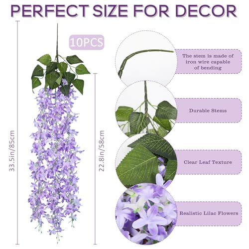 RECUTMS 10Pcs Fake Hanging Lilac Flowers Garland 33.5in Artificial Wisteria Vines Faux Silk Lilac Hanging Floral for Indoor Outdoor Wedding Arch Birthday Party Garden Balcony Decor(Purple) - color: Purple-10p